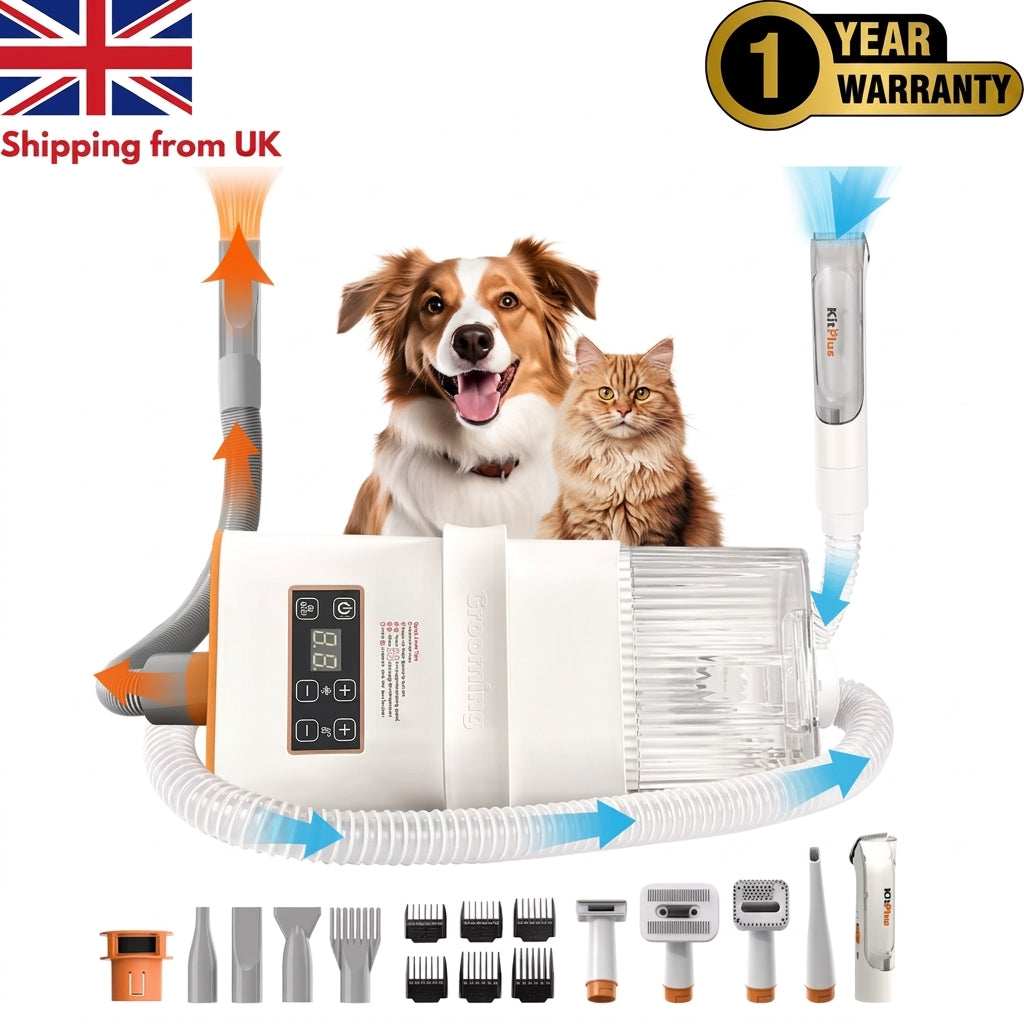 Petzoss 3-in-1 Drying & Vacuum & Dog Grooming, Rechargeable Hair Trimmer, Hot Wind, Suction 99.9% Pet Hair, 2L Large Capacity Plug Type British