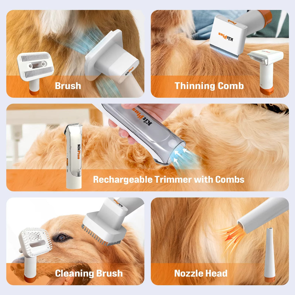 Petzoss 3-in-1 Drying & Vacuum & Dog Grooming, Rechargeable Hair Trimmer, Hot Wind, Suction 99.9% Pet Hair, 2L Large Capacity Plug Type British